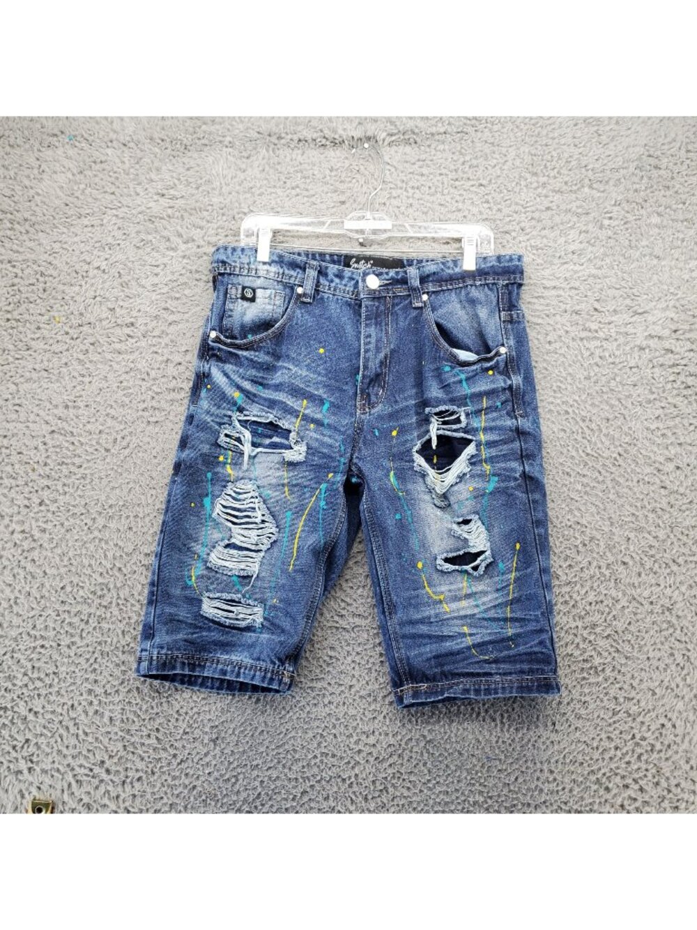 Switch Shorts Mens 32 Blue Distressed Paint-Splatter Design Durable Denim *Read*
